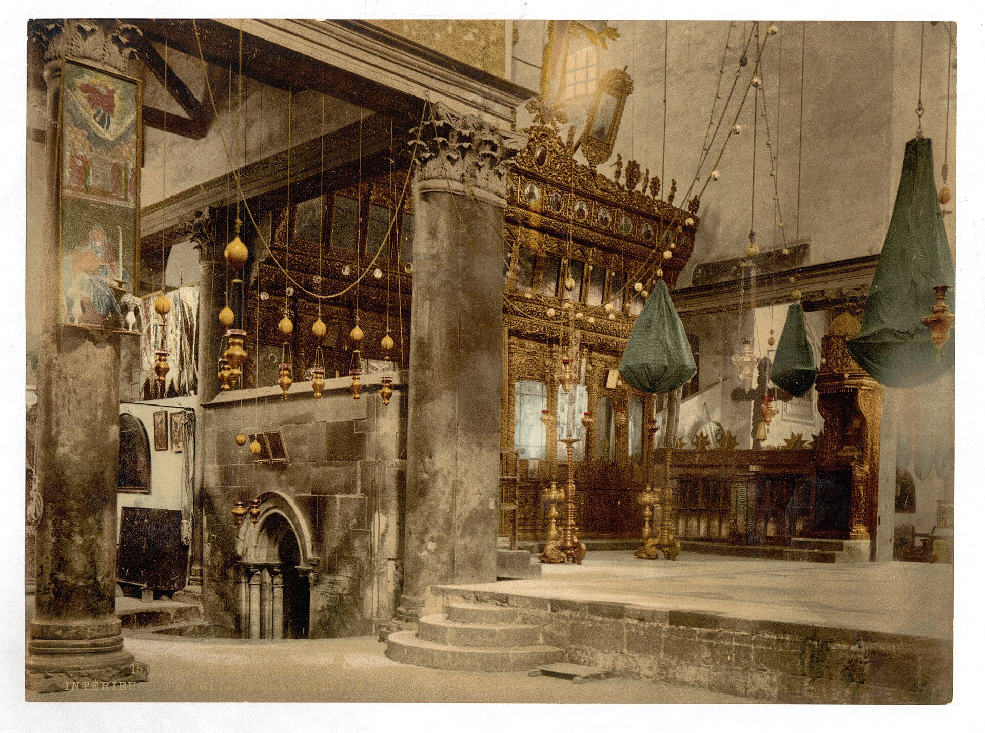 Columned nave of the Church of the Nativity in Bethlehem, hand-colored photograph from the 1890s