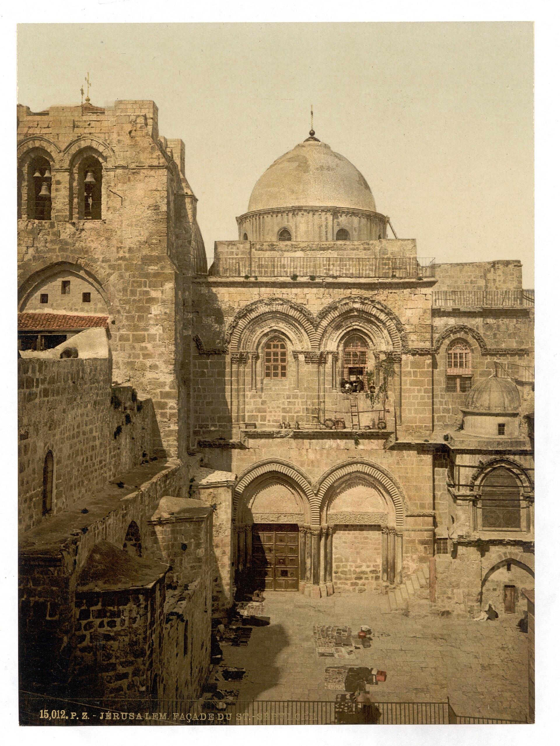Stone facade and courtyard of the Church of the Holy Sepulchre in Jerusalem, hand-colored photograph from the 1890s