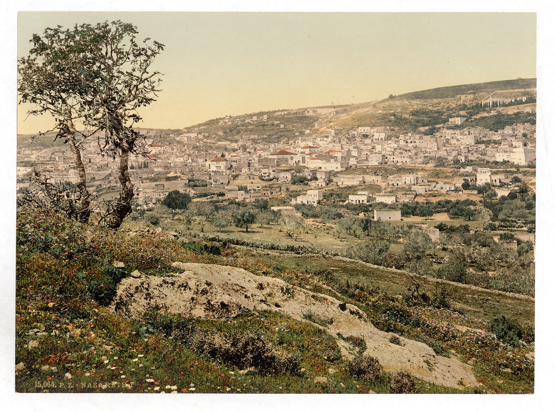 Hillside town of Nazareth seen from the east, hand-colored photograph from the 1890s